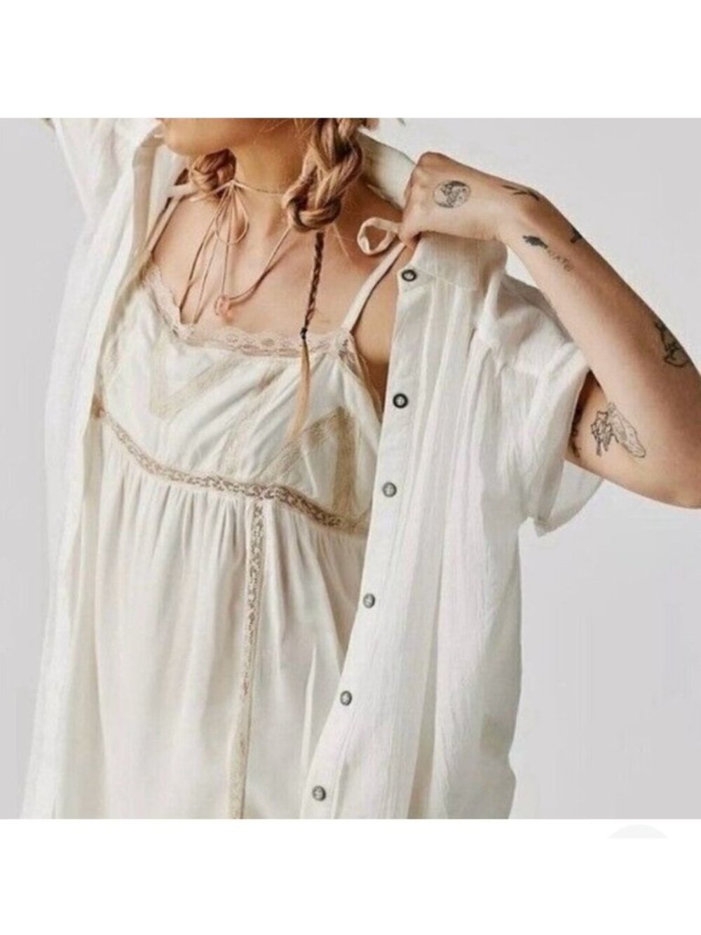 We the Free Float Away Button Up Size Large 100% Cotton Optic White Button Front